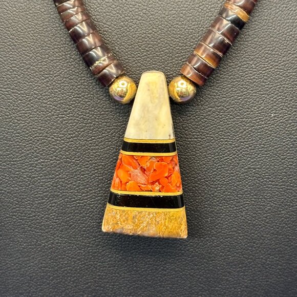 VTG Native American Intarsia Inlay Heishi Pendant Necklace - Picture 6 of 13
